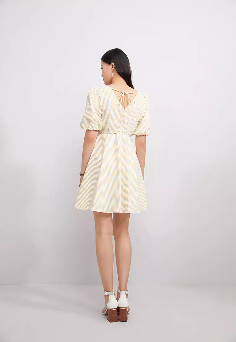 Puff Sleeve V-Neck Striped Mini Dress
