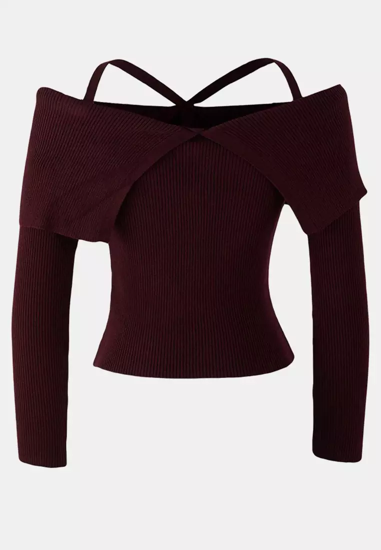 Burgundy Premium Yarn/Special Yarn Carmen Neck Strap Knitwear Sweater