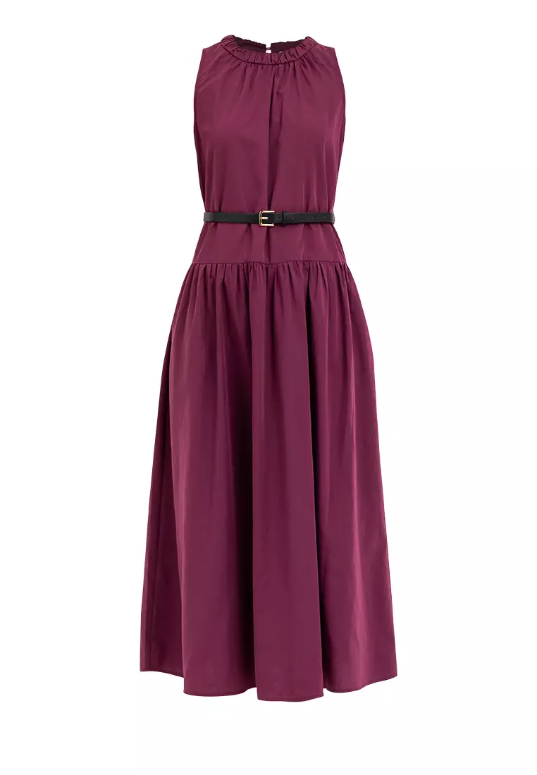 Cherino Shirred Neckline Belted Dress