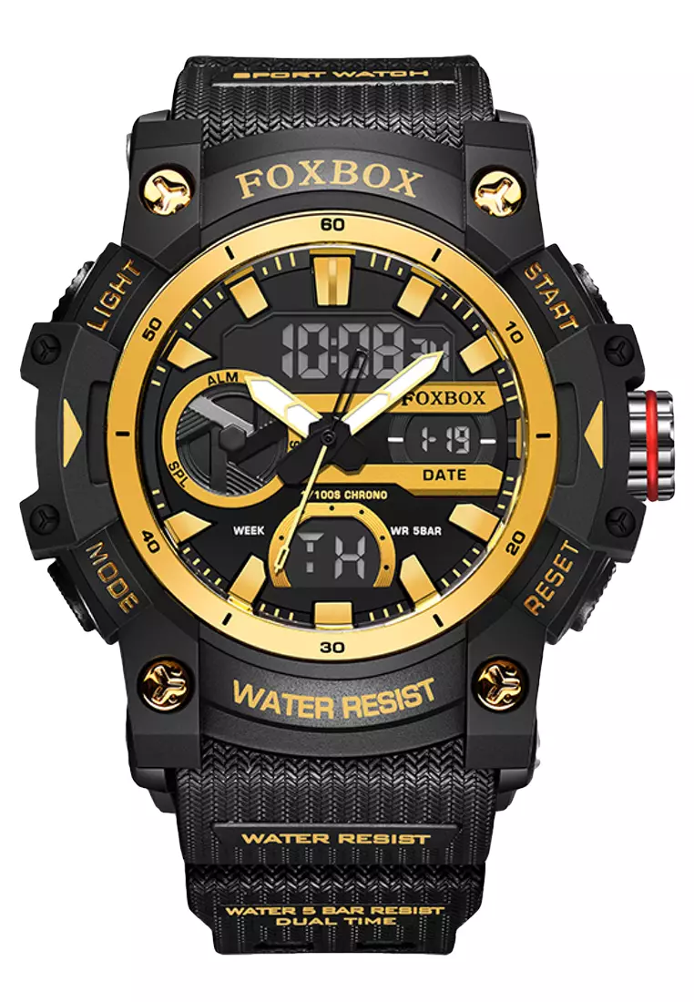 FOXBOX Chronograph Unisex Digital/Analogue Quartz Watch, Black/Yellow