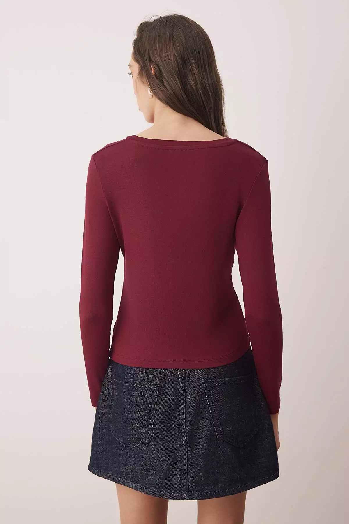 Burgundy Premium Soft Fabric V-Neck Fitted/Flexible Knitted Blouse Twoaw24Bz00050