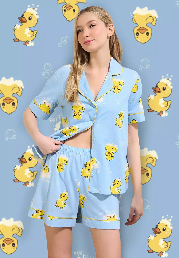 Blue 100% Cotton Duck Patterned Piping Shorts Knitted Pajama Set THMSS25PT00300