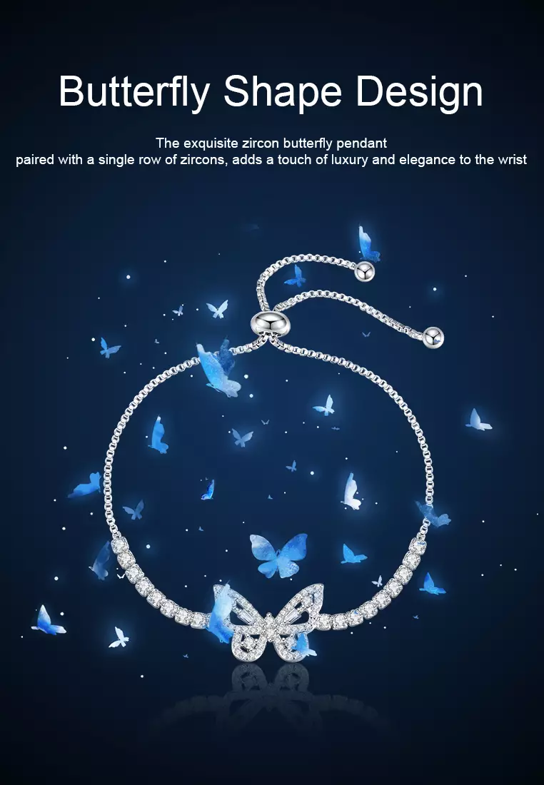 Gelang Wanita Original B002 Dilapisi Platinum Fashion Berlian Butterfly Style Perhiasan