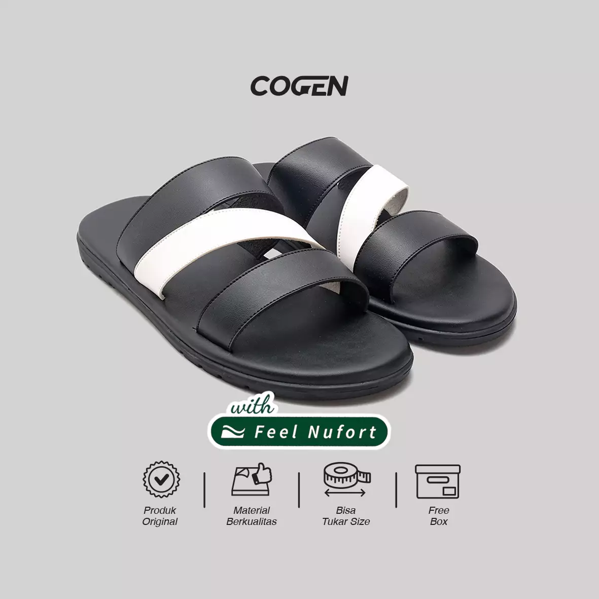 Cogen Sandal Pria Kulit Sendal Slop Nyaman -  Feel Nufort - Cello Black White Warna Cello Black White