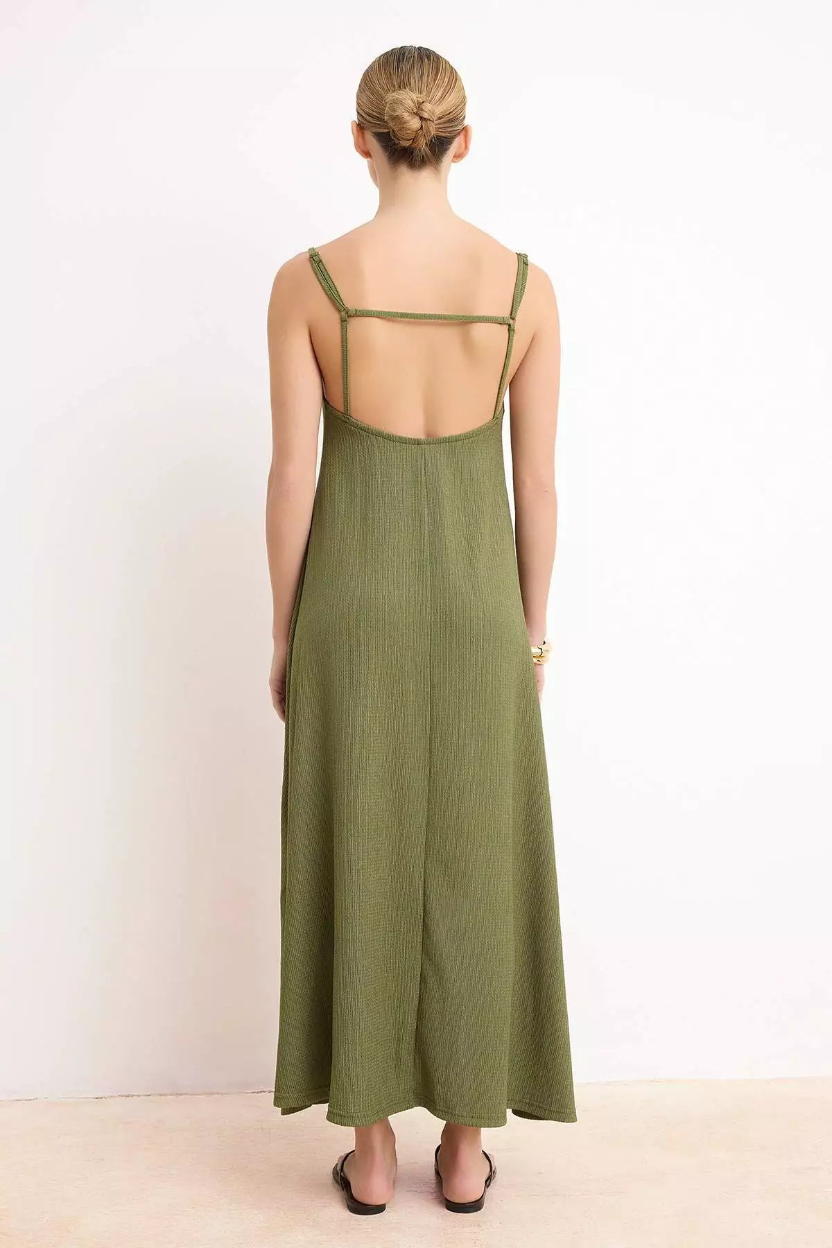 Khaki Adjustable Strap A-Line Wrinkle/Textured Knitted Maxi Dress Twoss24El6