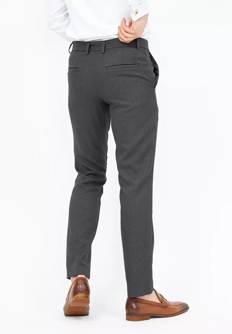 Celana panjang pria slim fit kerja formal button celana bahan stretch abu tua