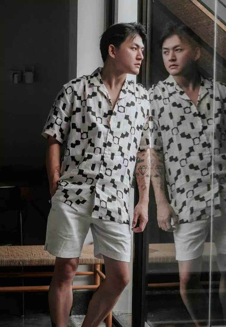 Austin Kemeja Linen Lengan Pendek Pria Cream Motif | Linen Short Sleeve Shirt Men Patterned Cream