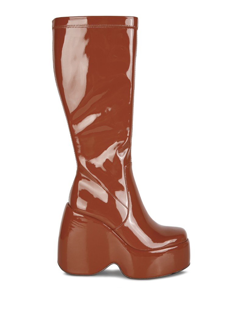 Tan patent High Platform Calf Boots