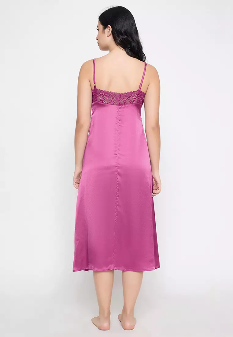 Clovia Chic Basic Long Night Dress in Magenta - Satin