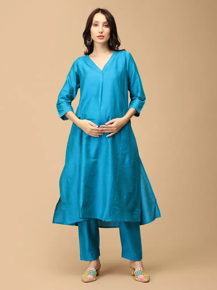 Mermaid Moment Embroidered Maternity and Nursing Silk Kurta Set - Aqua Blue