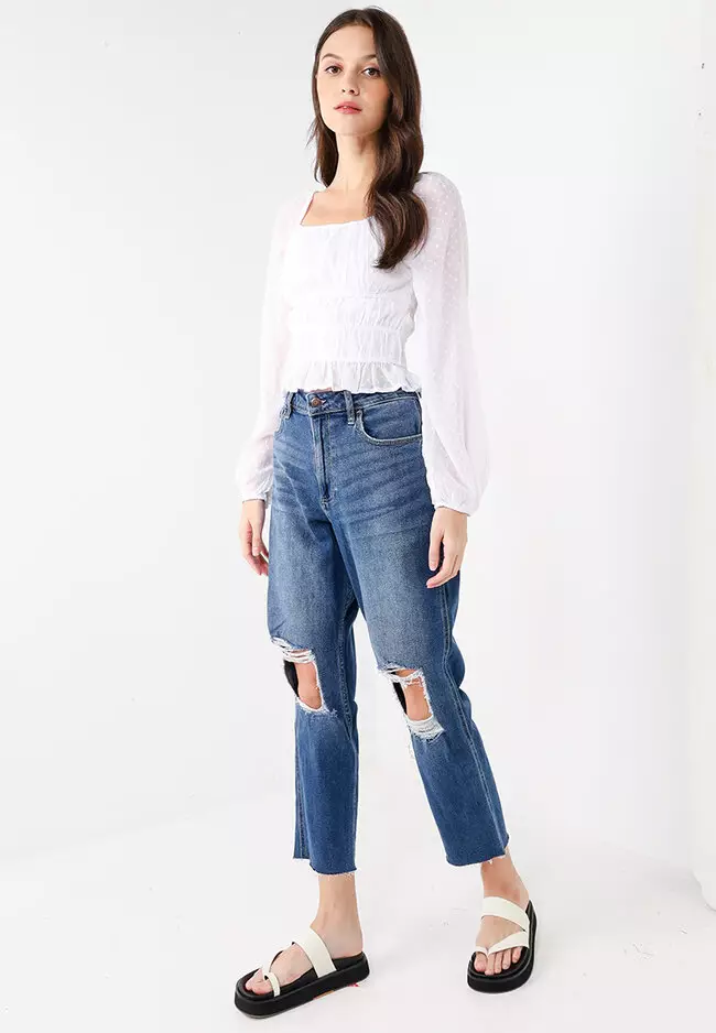 Buy HOLLISTER Knee Destroyed Mom Jeans 2024 Online ZALORA Singapore