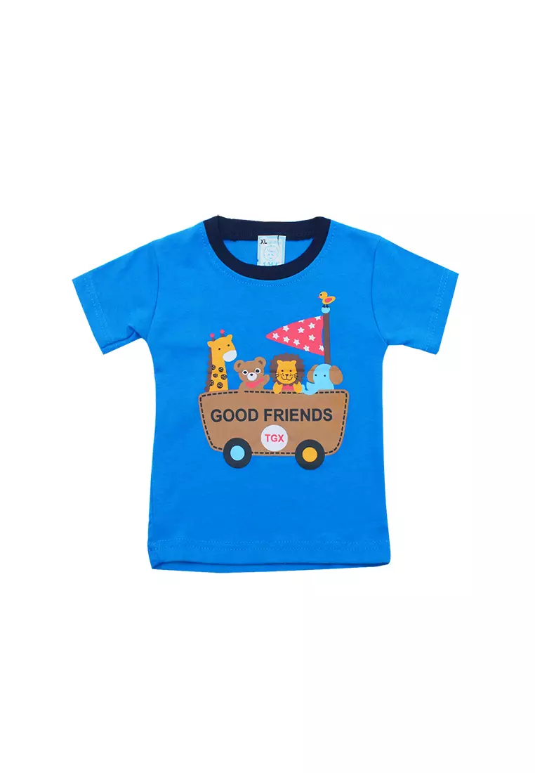 Skabe Pakaian Bayi Anak Laki Laki Baju Atasan Oblong Lengan Pendek Motif Good Friends Setelan Celana Kaos Warna Tua All Size Usia 12 Bulan Hingga 18 Bulan 3403