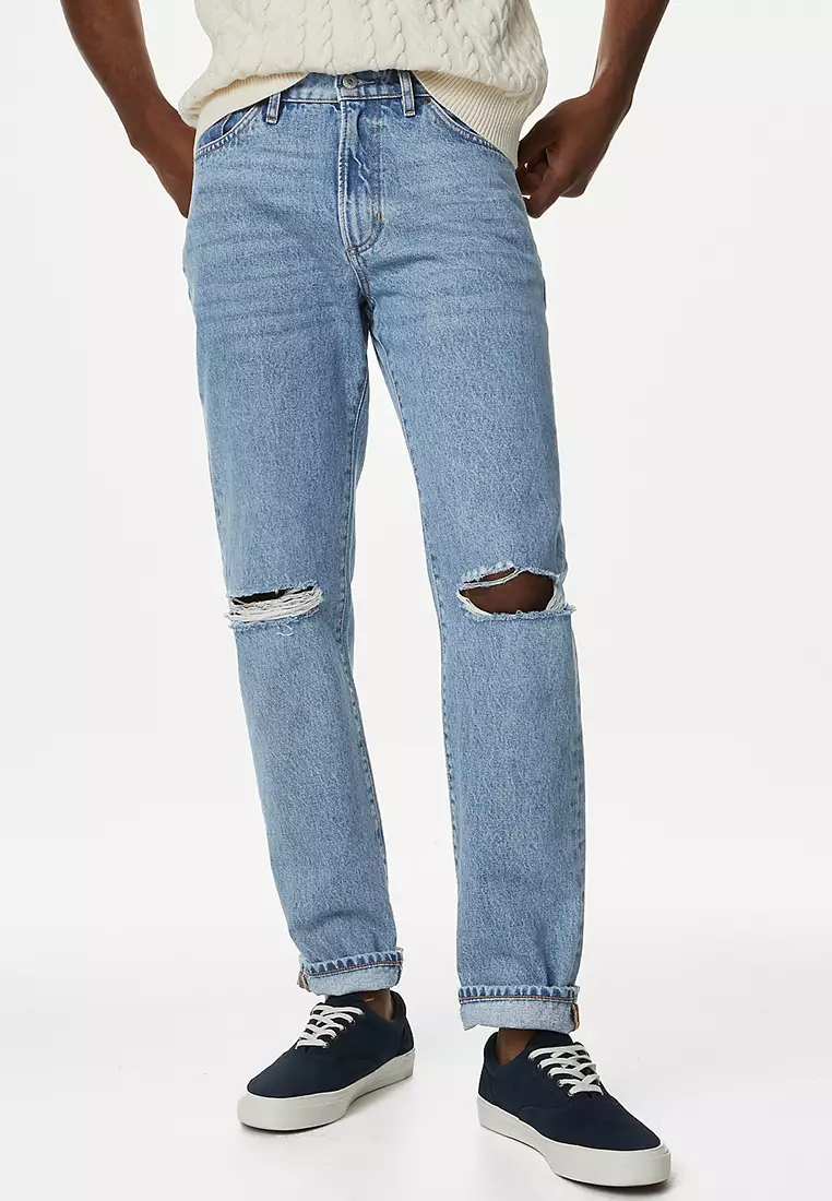 Boyfriend Pants Tattered Simple Ripped Jeans Easy-care Men Jeans