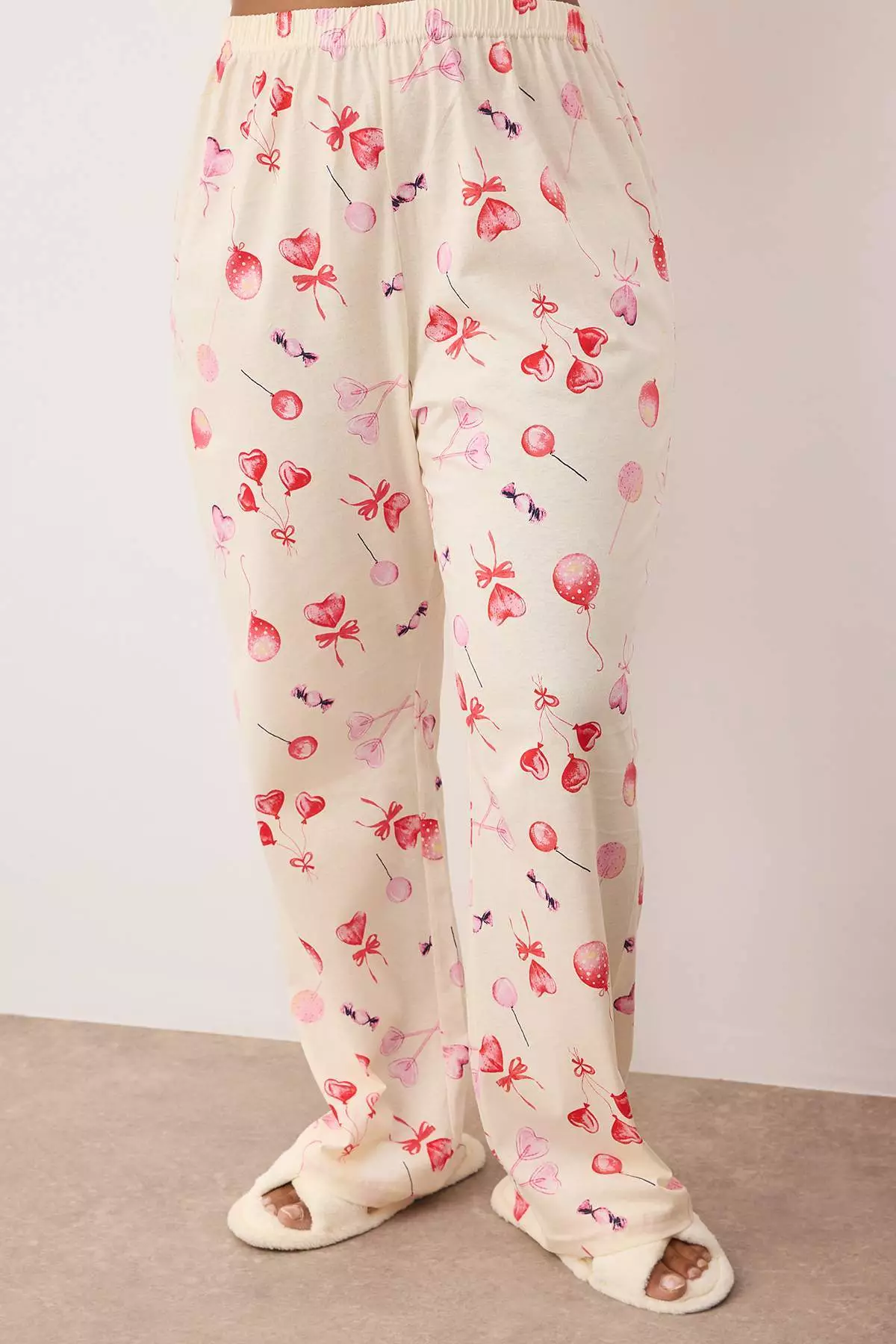 Ecru 100% Cotton Heart Patterned Shirt-Pants Knitted Pajama Set Tbbaw26Ai00017