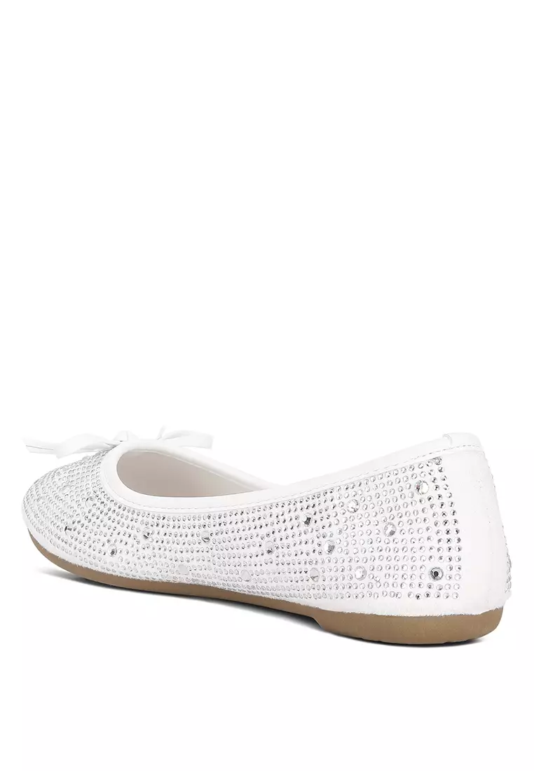 Off White Rhinestones Embellished Ballet Flats
