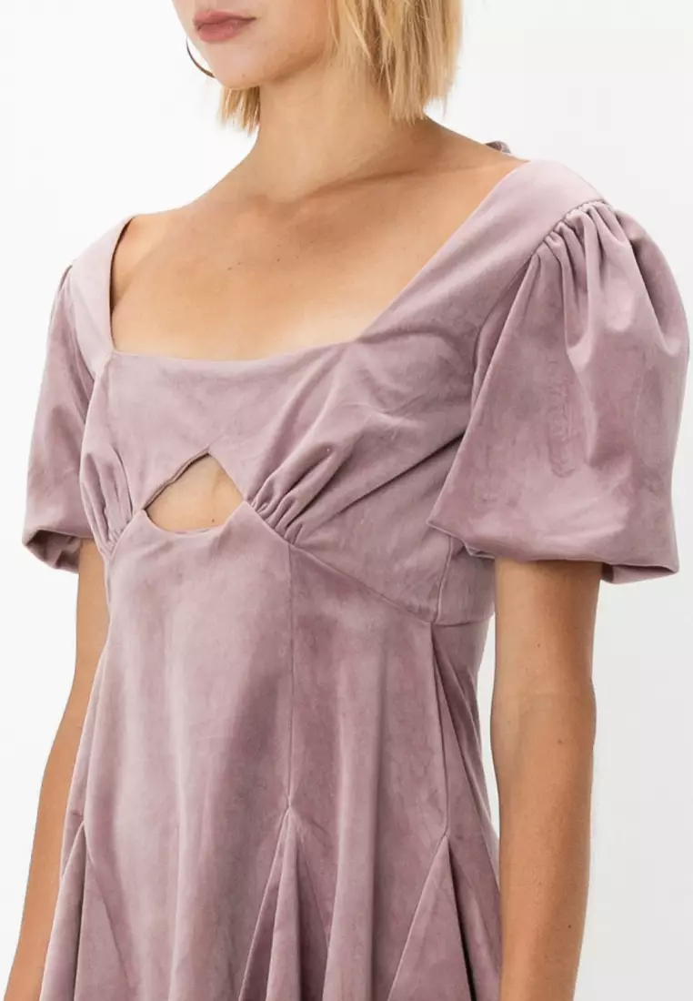 Petite Puff Sleeves Velvet Mini Dress With Godet Detail