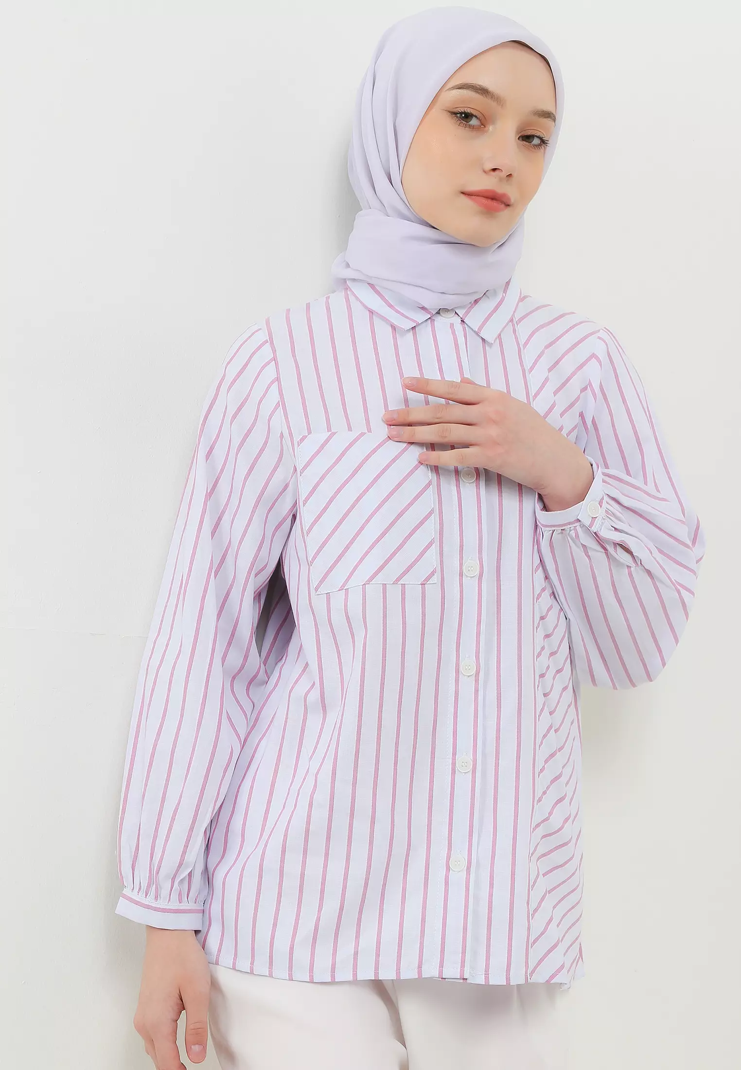 MFMW Feroza Atasan Kemeja Pink Motif Salur
