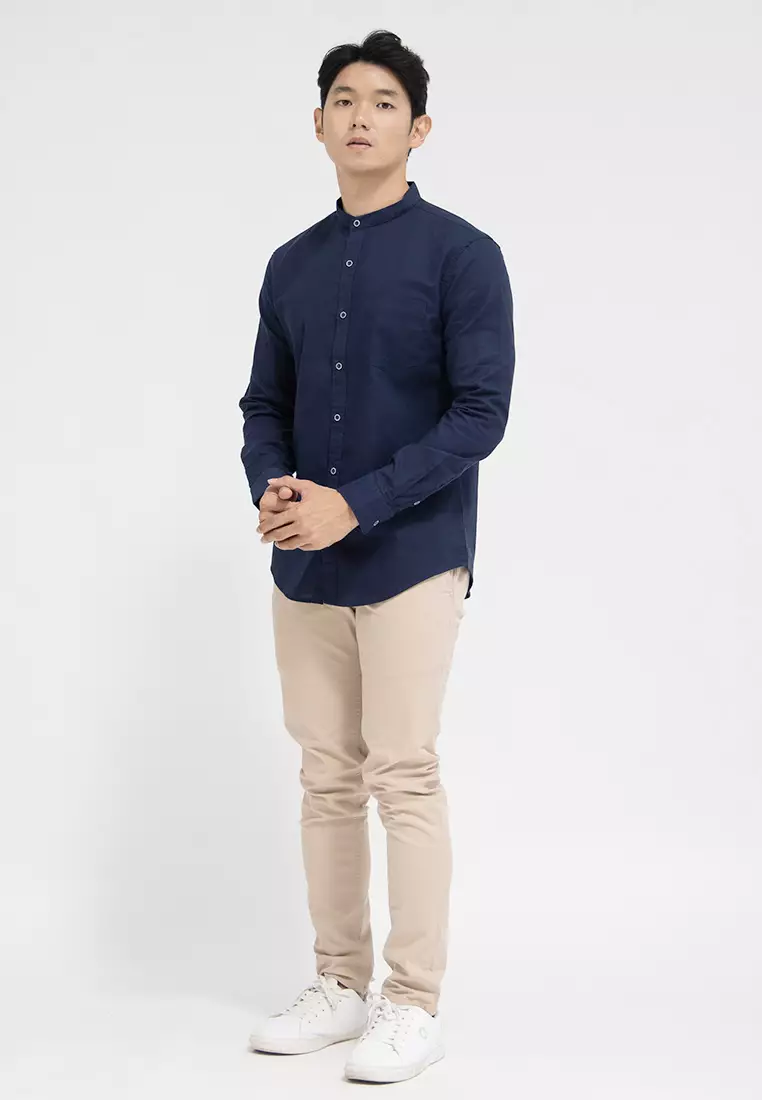 Kemeja Collarless Slub koko biru navy OXCON Navy blue