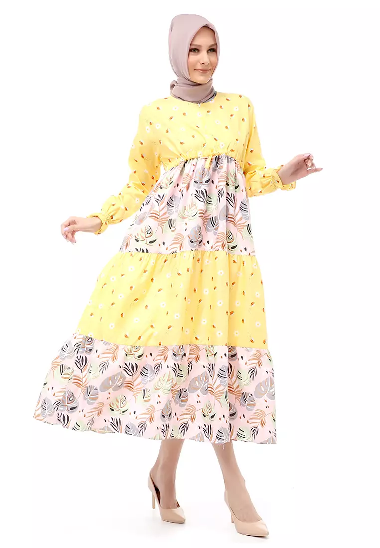 Zahra Gamis Muslimah Wanita Motif Daun Love Long Sleeve Comfortable To Wear - Pink