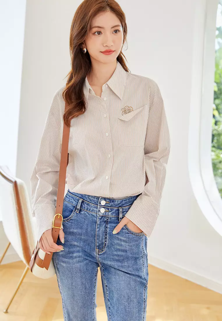 Loose Long Sleeve Casual Shirt with Stripe Design