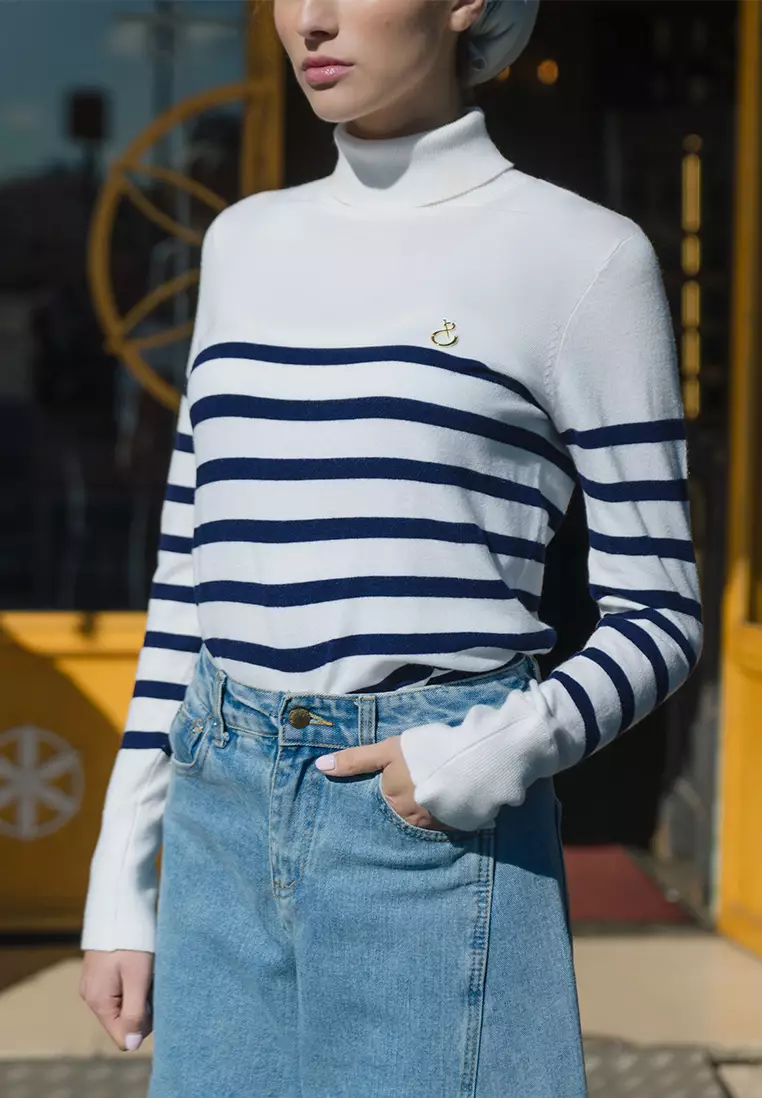 Jenna and Kaia - Nafa Turtleneck Stripe Pangeant Blue - Kaos Turtleneck Wanita