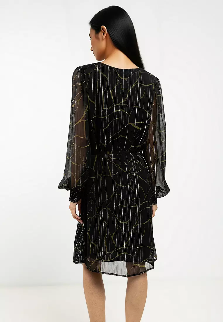 Long Sleeve V-Neck Belted Dress