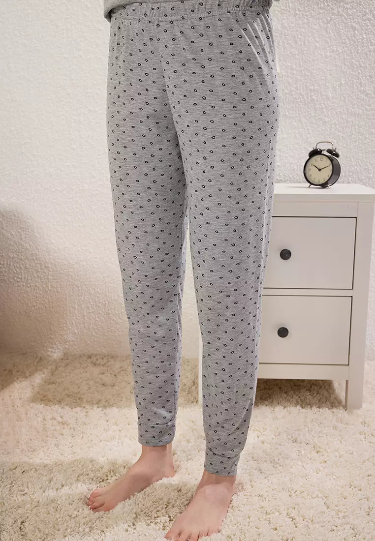 Gray Melange Cotton Galaxy and Slogan Printed Knitted Pajama Set THMSS25PT00385