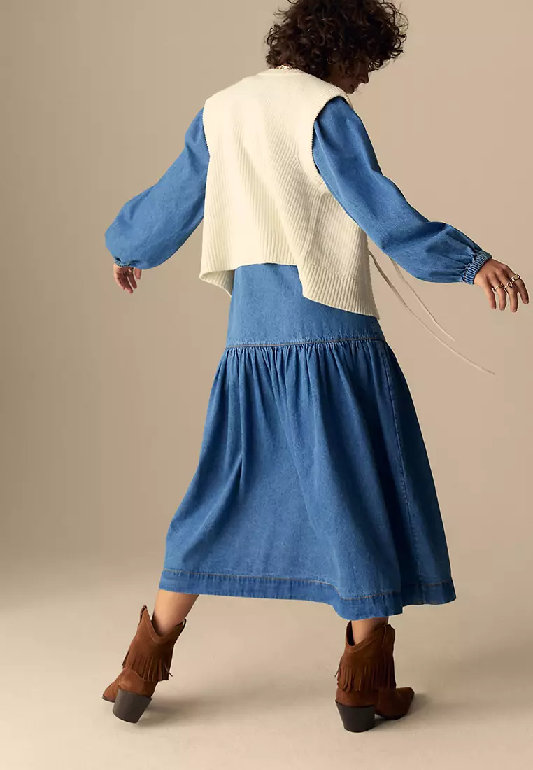 Denim V-Neck Midi Tiered Waisted Dress