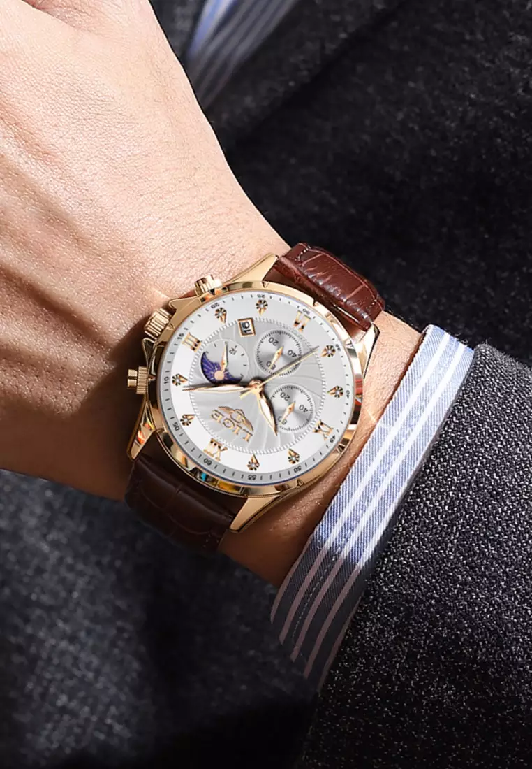 Chronograph Unisex IP Rose Gold color Stainless Steel Quartz Watch, White dial, Brown Leather Strap