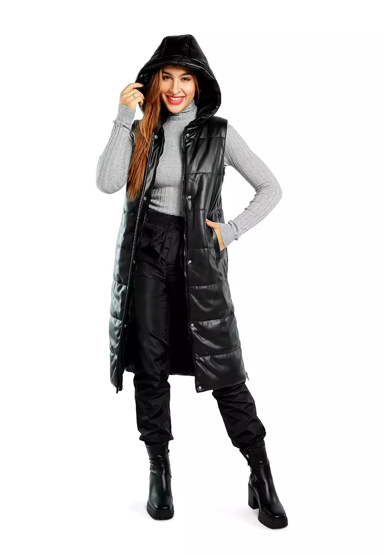 Jaket Oversized Quilted Puffer Tanpa Lengan Warna Hitam