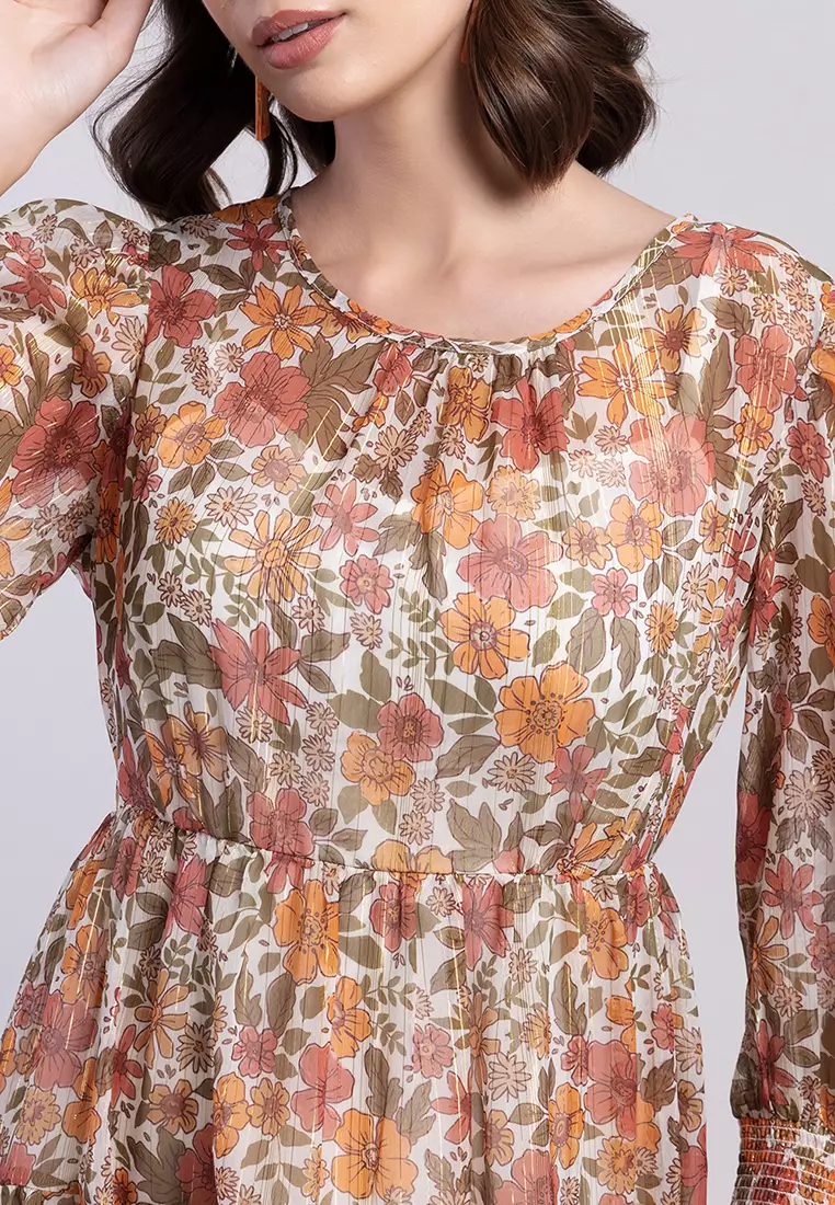 Yellow Floral Print Smocked Cuff Tiered Skater Dress