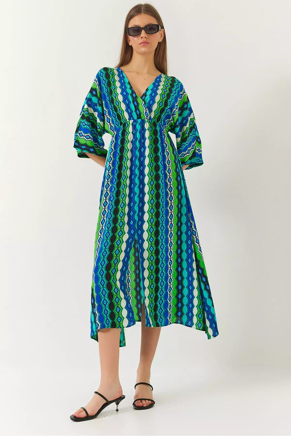 Women's Double Breasted V Neck Front Slit Detail Print Dress 60261411