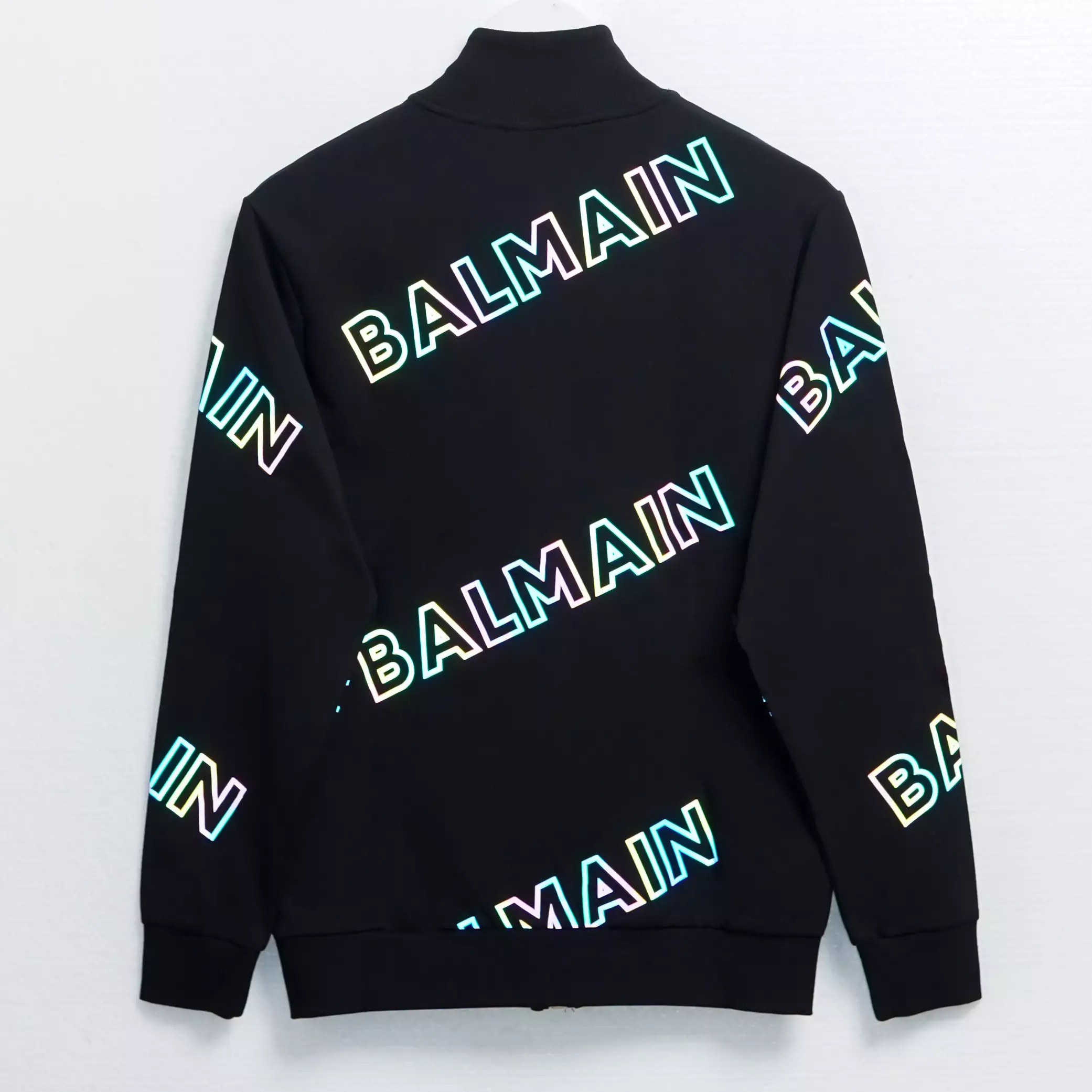 Jaket BALMAIN ALL OVER TEXT REFLECTIVE BLACK ZIP TRACK JACKET 100% ORIGINAL