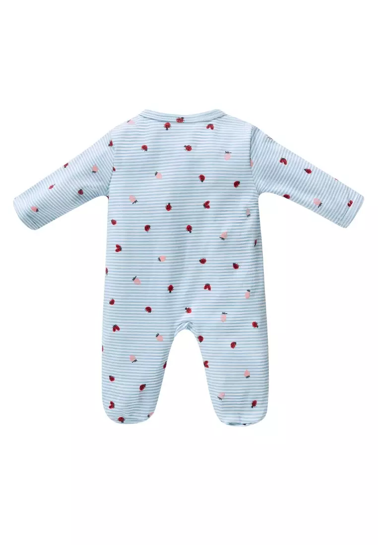 Baby Cotton Sleepsuit Blue Stripes Strawberry Two Way Zipper All In One Jumpsuit Feet Cover