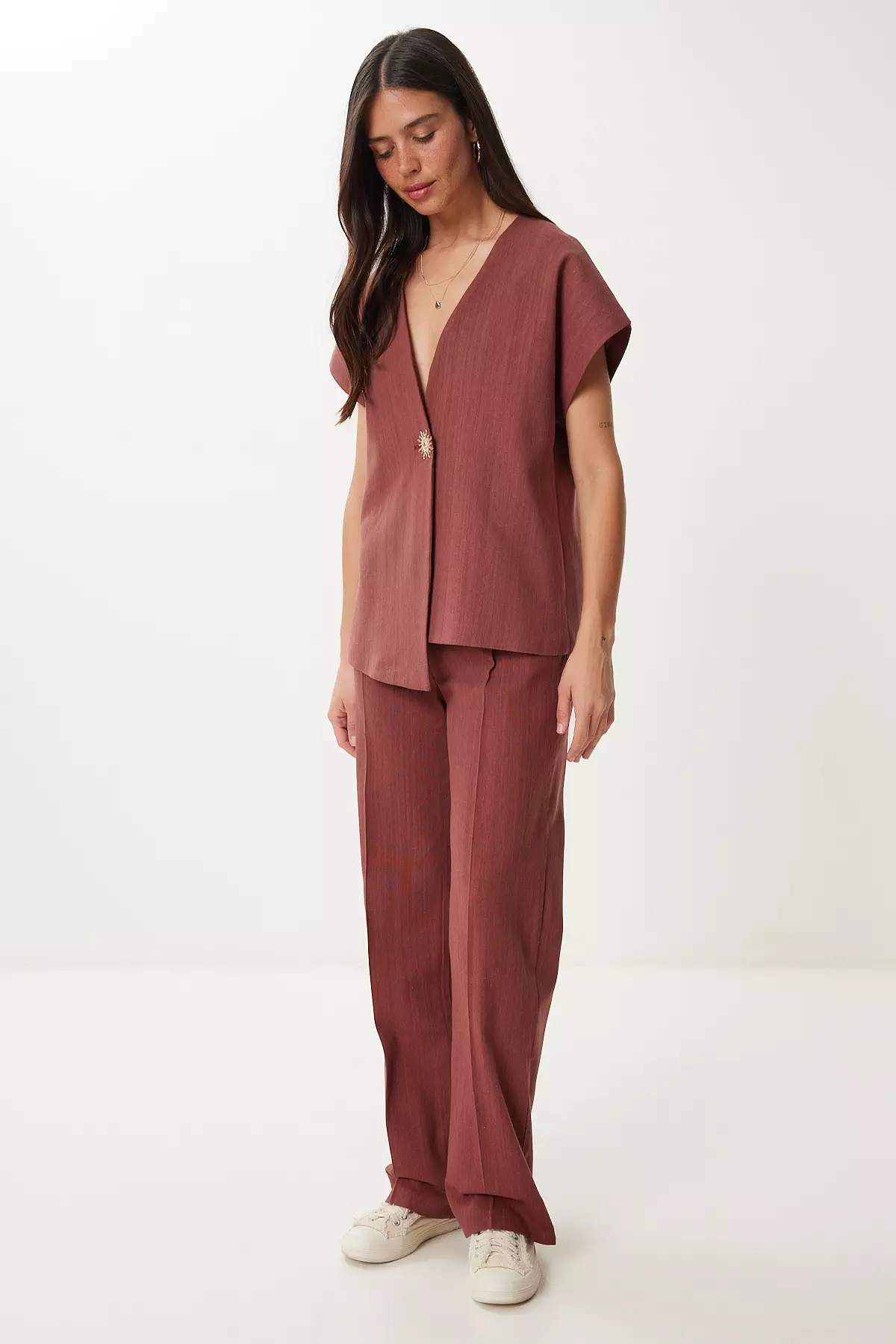 Women Tile Stylish Buttoned Linen Blouse Pants Suit No00029