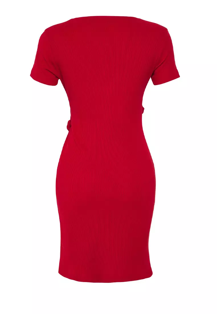 Red Tie Detail Crew Neck Knitwear Look Mini Knit Dress Twoss22El0751