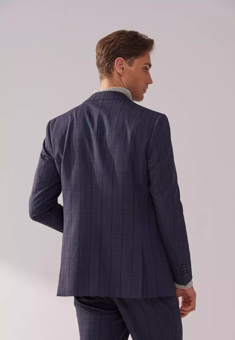 藏青格紋修身西裝外套