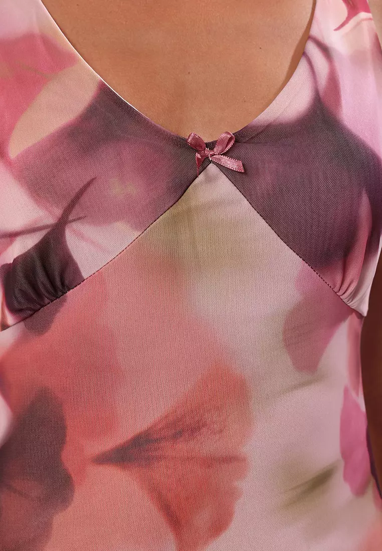 Multicolored Fitted Abstract Bow Maxi Tulle Stretch Knit Dress TWOSS25EL00361