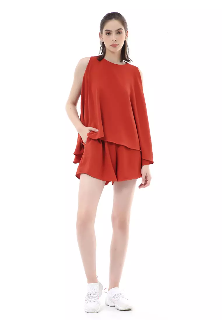 Nayra One Set Setelan Wanita Sleeveless Blouse with Short Pants Plain Motive Material Crepe Crinkle ORIGINAL - Tangerine