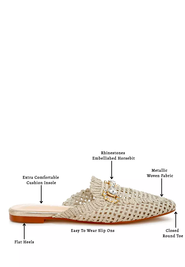 Metallic Woven Diamante Mules in Beige