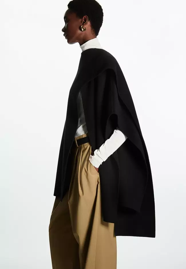 COS V-Neck Knitted Wool Cape in DARK BEIGE | endource
