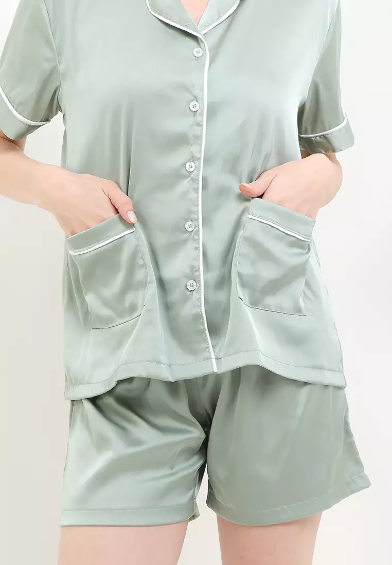 Piyama Pyjama Baju Tidur Satin Silk Short Sleeve Short Mini Pants Sleepwear