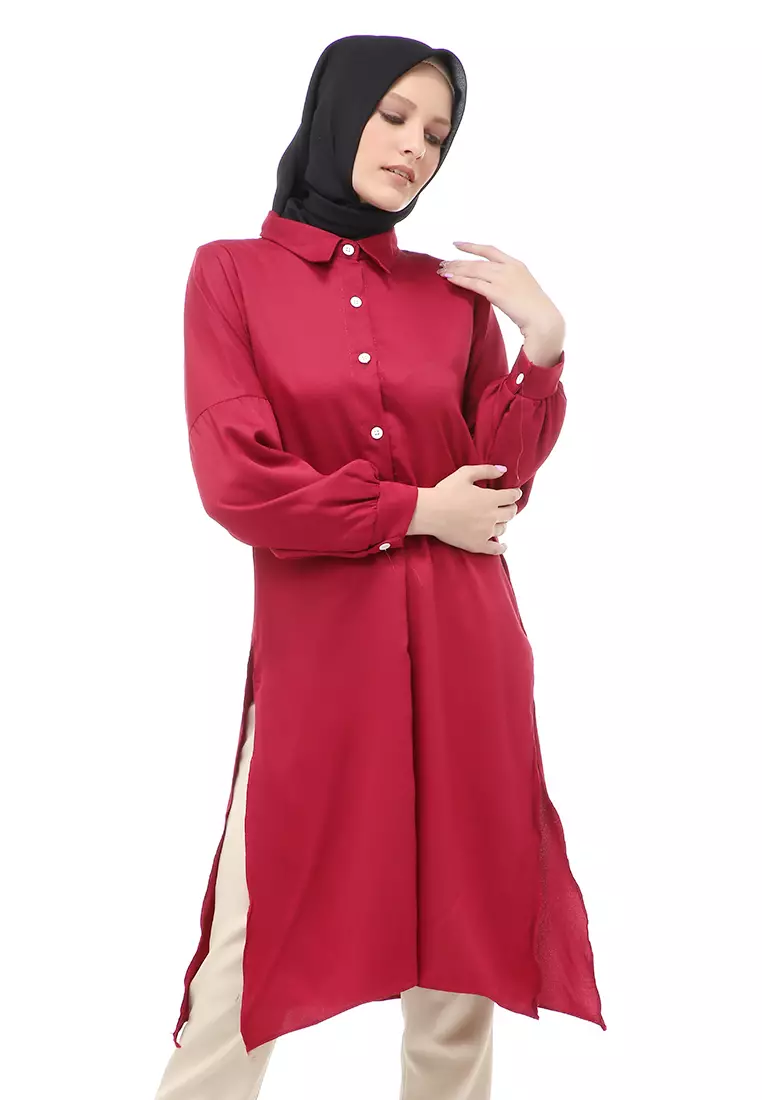 Vania Tunik Polos Muslimah Atasan Wanita Long Sleeve Regular Fit - Maroon