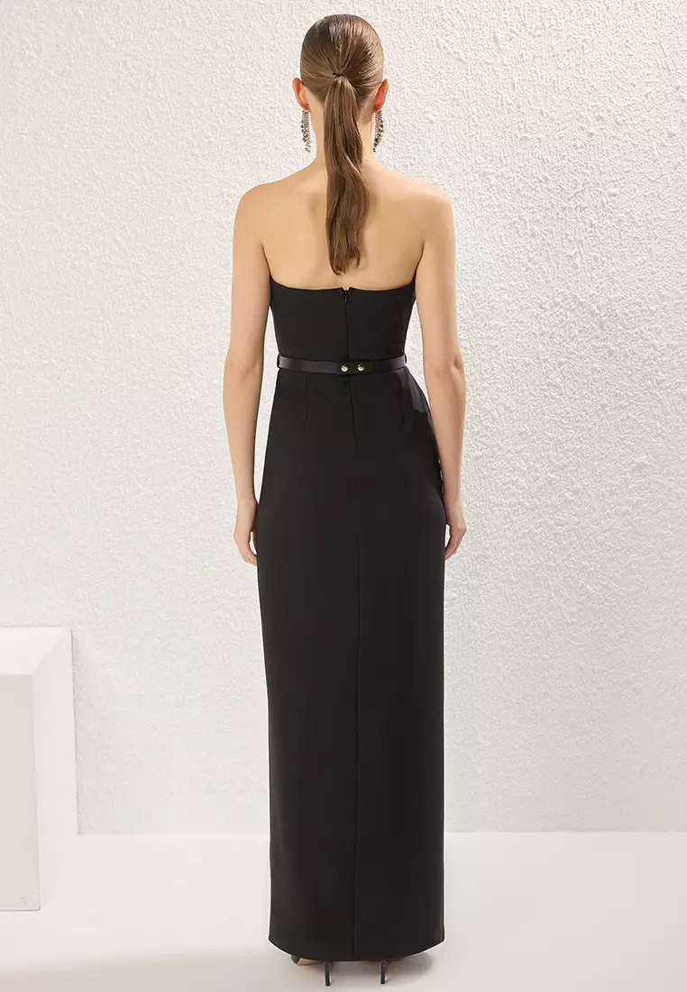 Black Strapless Belted Woven Long Elegant Evening Night Graduation Dress TPRSS25AE00154