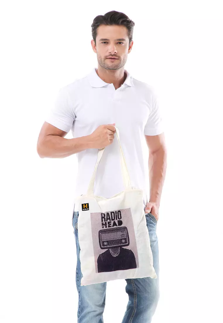 Hamilton Totebag Unisex Vintage Aesthetic Motif Radio Large Compartment Material Canvas ORIGINAL - White