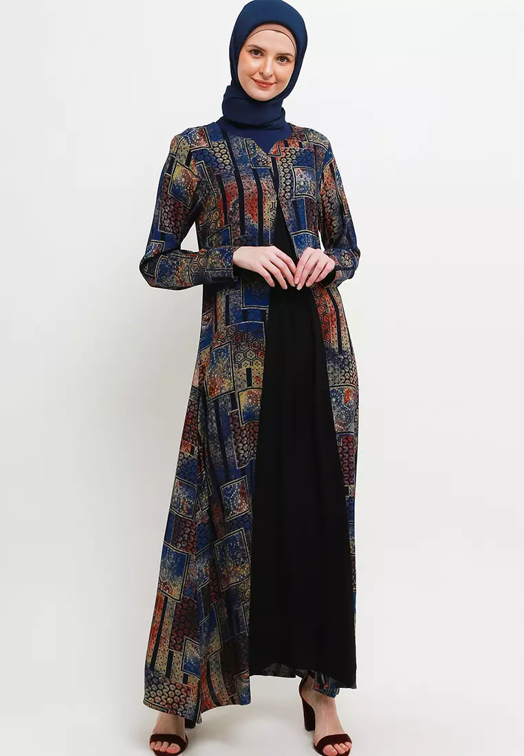 Mahira Maxi Dress In Blue Black Print W/ Mask