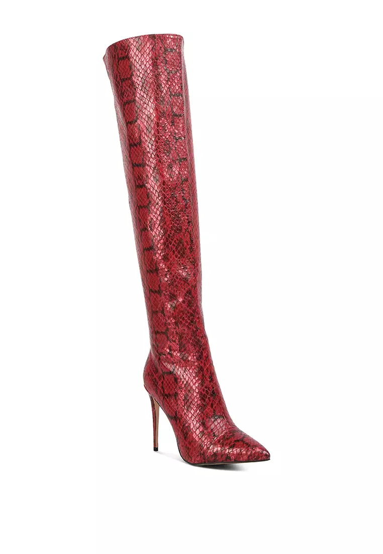 Red snakeskin knee high 2024 boots