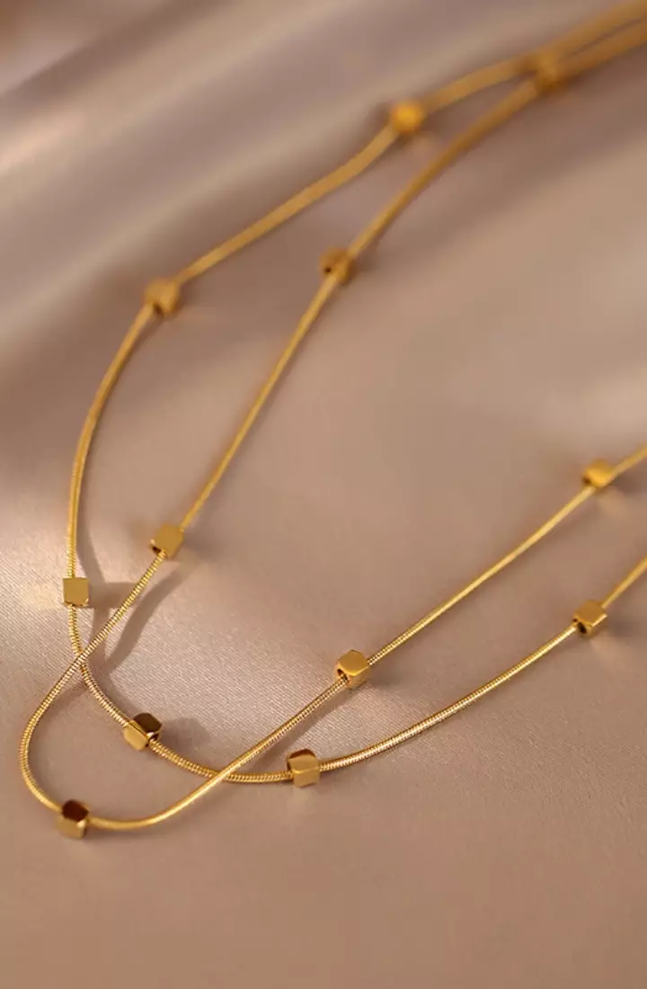 Serena Cube Pendant Multi-Layer Chain Necklace in Gold