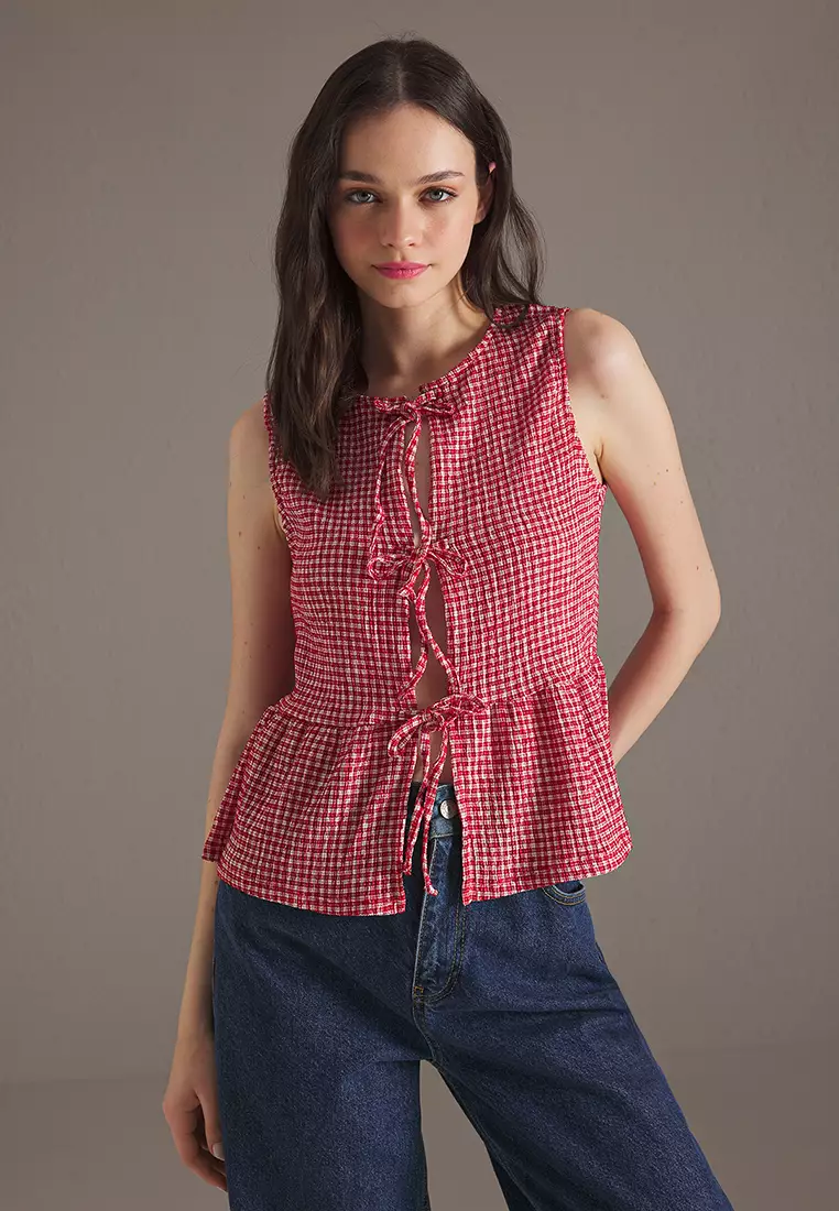 Buy Trendyol Red Gingham Patterned Tie Detail Sleeveless Stretch Knit ...