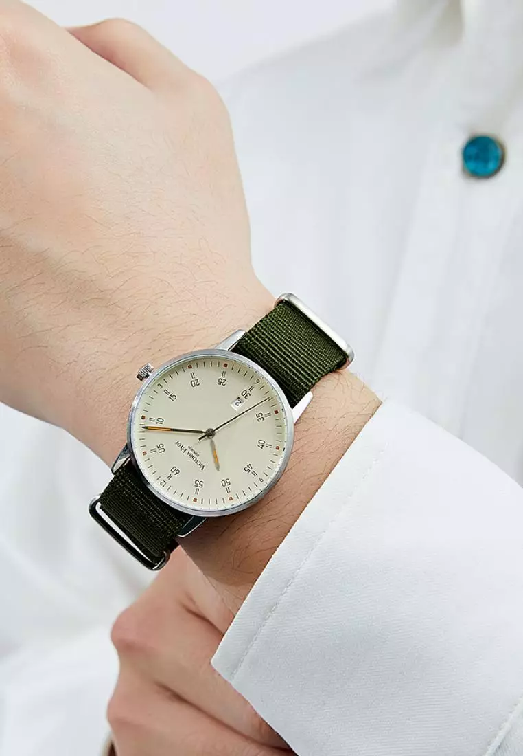 Orton 男士休閑手表 φ39mm圓形表盤 尼龙表帶 包豪斯風格 日曆功能防水表-墨绿色
